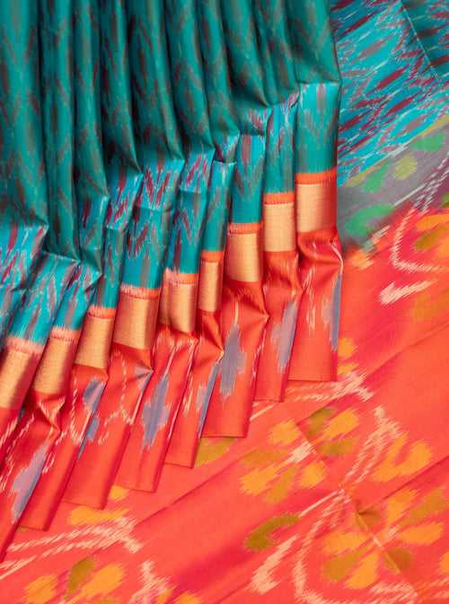 Peacock Blue and Peach Pure Ikat Silk Saree