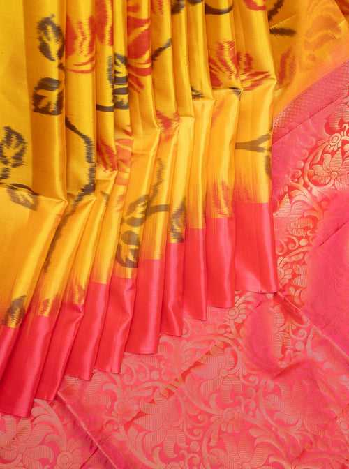 Yellow and Pink Pure ikat Silk Saree