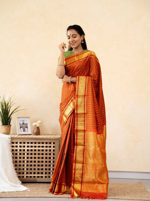 Rust Orange Thread Checks Pure Kanchipuram Silk Saree