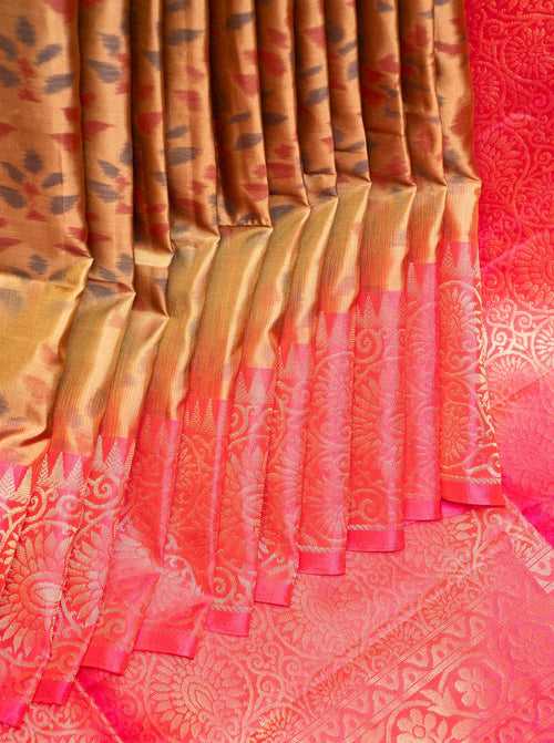 Khaki Beige and Peach Pure Ikat Silk Saree