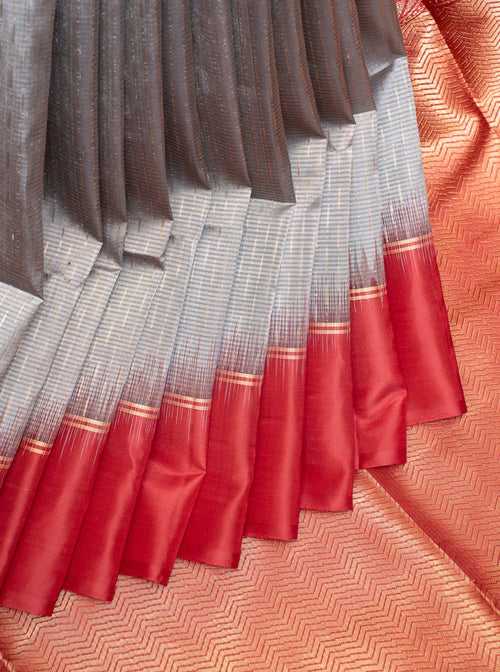 Grey and Red Pure Soft Silk Saree