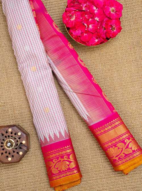 Pearl White and Pink Pure Gadwal Silk Saree
