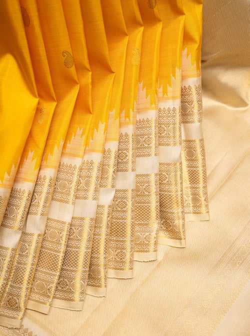 Mango Yellow and Ivory Pure Kanchipuram Silk Saree