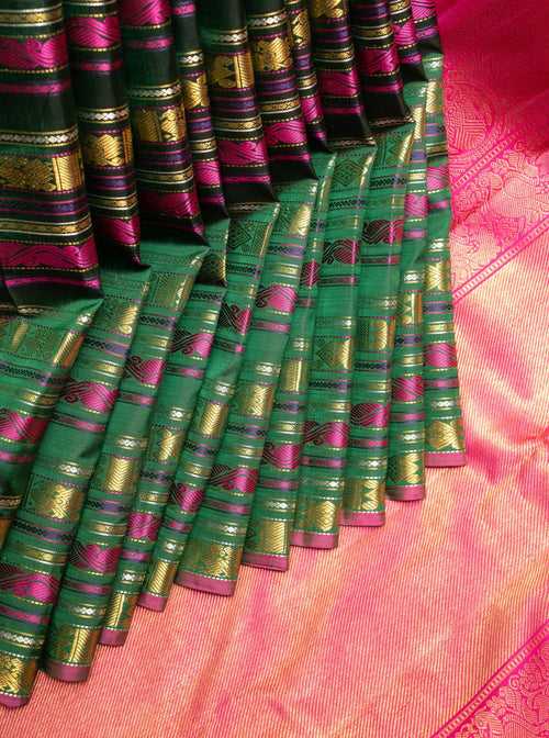 Bottle Green and Pink Varisapettu Pure Zari Kanchipuram Silk Saree