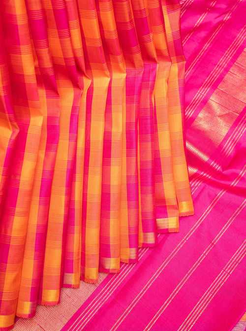 Pink and Orange Multi Checks Pure Kanchipuram Silk Saree