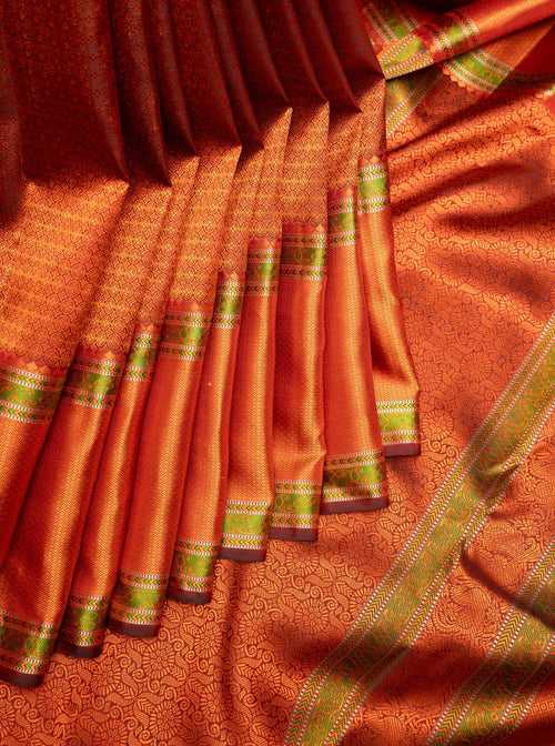 Rust Orange and Green Thread Brocade Without Zari Kanchipuram Silk saree