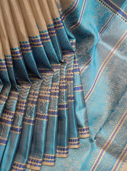Beige and Blue Without Zari Pattu Pettu Pure Kanchipuram Silk Saree