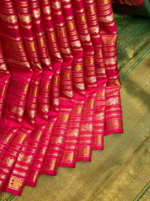 Pink and Green Varisaipettu Pure Zari Kanchipuram Silk Saree