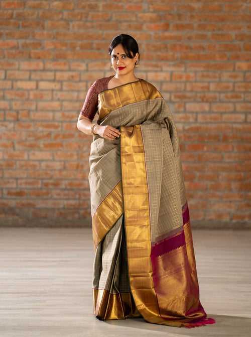 Elephant Grey Veldhari Checks Pure Zari Kanchipuram Silk Saree