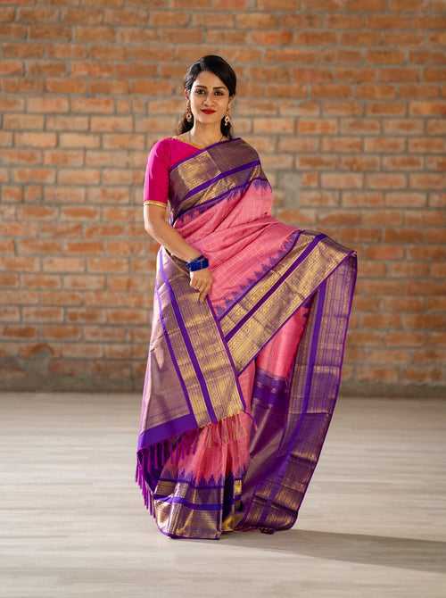 Lotus Pink Zari Checks Pure Kanchipuram Silk Saree
