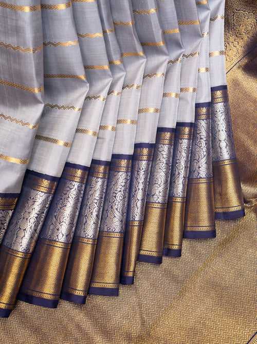 Silver Grey Stripes Pure Kanchipuram Silk Saree