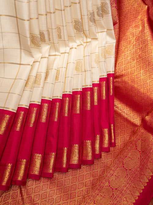 Pearl White Pure Zari Checks Kanchipuram Silk Saree