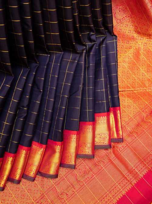 Navy Blue and Checks Traditional Pure Kanchipuram Silk Saree