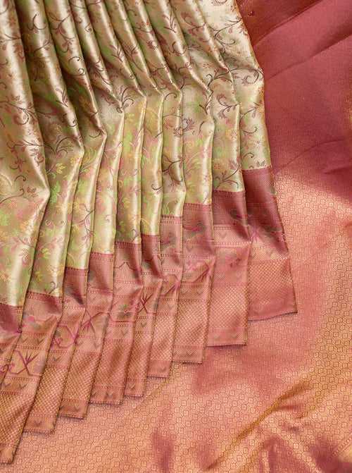 Pastel Green Floral Paithani Brocade Pure Kanchipuram Silk Saree