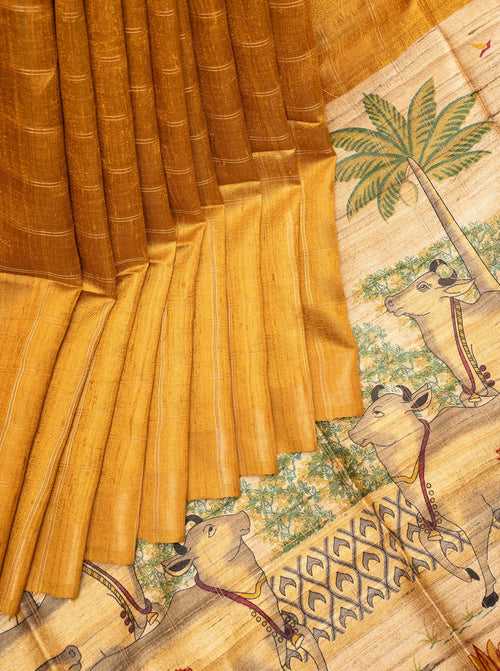 Mustard Checks Pichwai Hand Painted Pure Tussar Saree