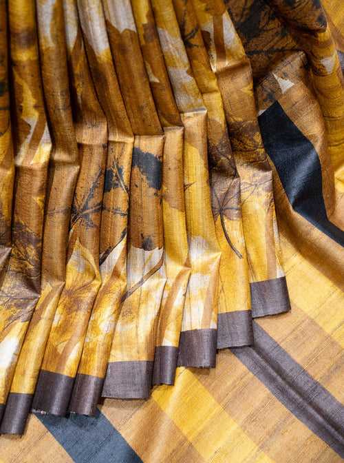 Mustard Hand Printed Pure Tussar Saree