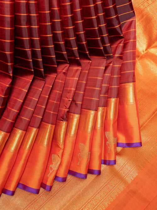 Maroon and Orange Stripes Pure Zari Kanchipuram Silk Saree