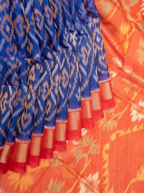 Blue and Red Pure Ikat Silk Cotton Saree