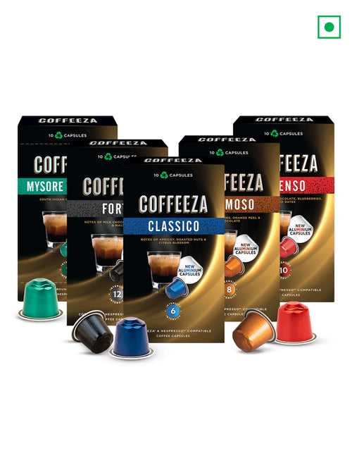 COFFEEZA Aluminium Coffee Capsules, Favorites Variety Pack (50 Pods, Compatible With Nespresso Original Machines)