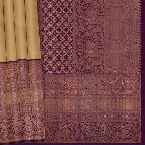 Handwoven Beige with Purple Kanjivaram Silk Saree - 2062T009040DSC