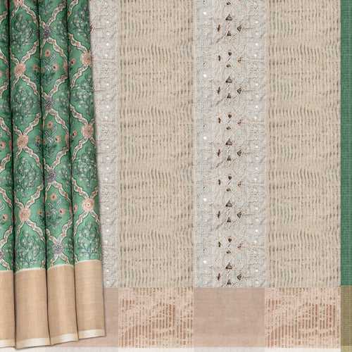Handwoven Green with Off-white Tussar Silk Saree - 2099T010282DSC