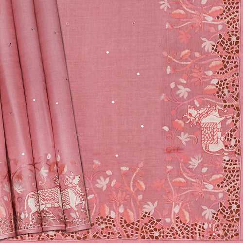 Handwoven Pink Tussar Silk Saree - 2112N026394DSC