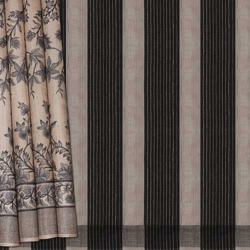 Handwoven Beige with Black Tussar Silk Saree - 2113T010647DSC