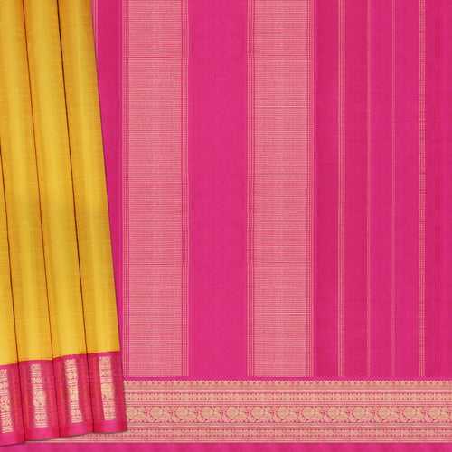Handwoven Yellow with Pink Kanjivaram Silk Saree - 2130T010643DSC