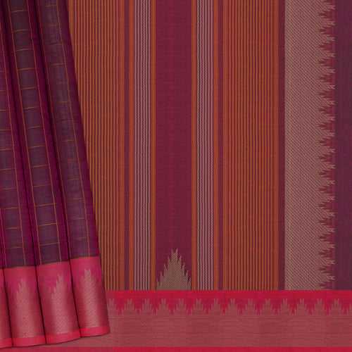 Handwoven Pink and Green Shot Kanchipuram Silk Cotton Saree - 2184T010881DSC