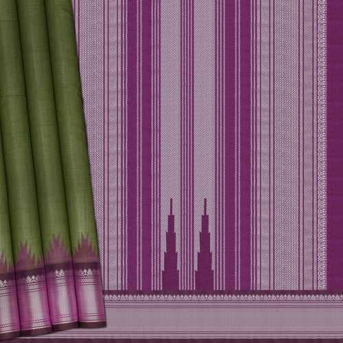 Handwoven Green with Purple Kanchipuram Silk Cotton Saree - 2186T010884DSC