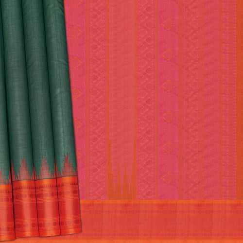 Handwoven Green with Orange Kanchipuram Silk Cotton Saree - 2189T010887DSC