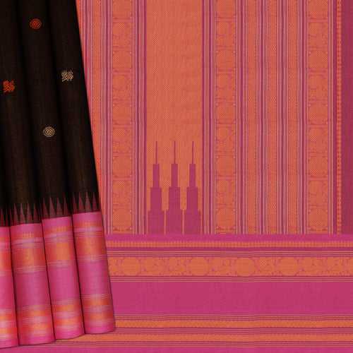 Handwoven Brown with Pink Kanchipuram Cotton Saree - 2208T010838DSC