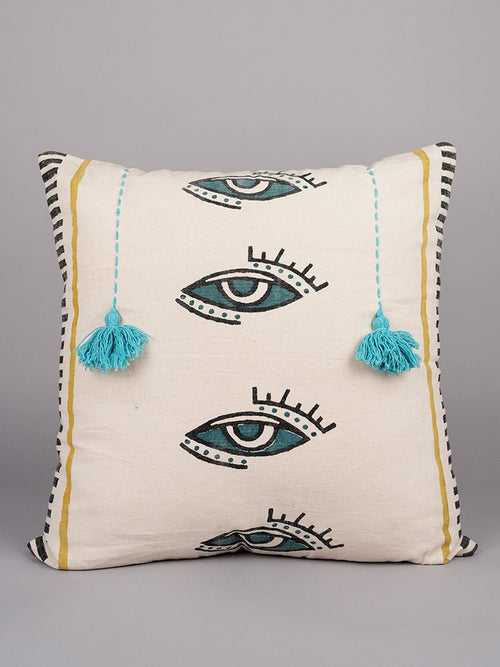 MYSTICAL GAZE & TASSEL  - BLOCK PRINTED SQAURE CUSHION COVER