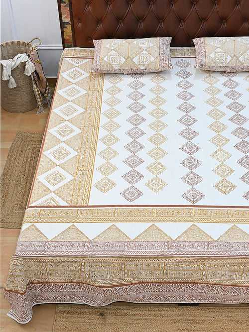 GEOMETRIC EARTHY TONE COTTON PRINTED DOUBLE BEDSHEET WITH PILLOW
