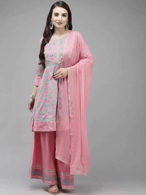 Art Avenue Women's Cotton Blend Pink Embroidered Peplum Kurta Sharara Dupatta Set