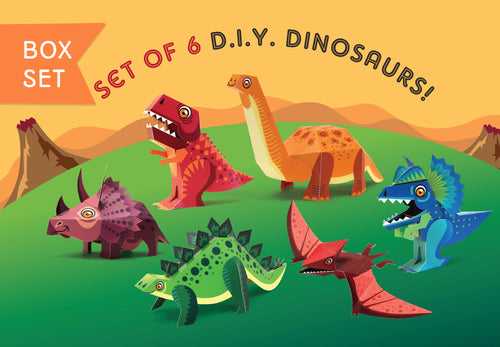 BOX SET of 6 DIY Mini Prehistoric Dinosaurs Paper Craft Kits