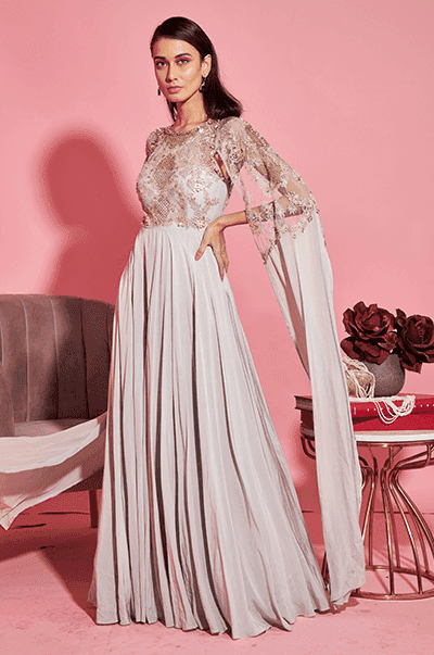 <b>SANYA GULATI</b><br>Grey Embroidered Gown with Attached Sleeves