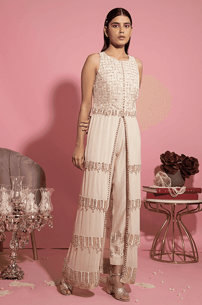 <b>SANYA GULATI</b><br>Ivory Tiered Shirt with Embroidered Pants