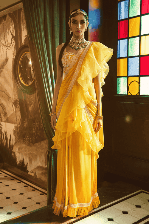 <b>SANYA GULATI</b><br>Mango Pre Stitched Ruffled Saree With Embroidered Bustier Blouse