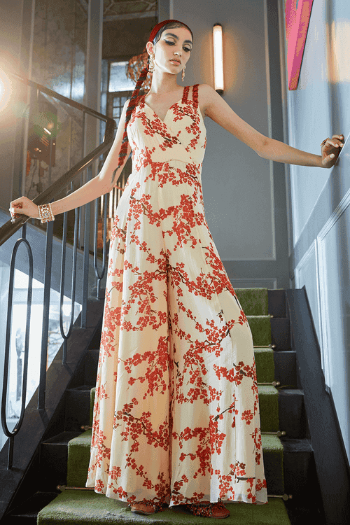 <b>SANYA GULATI</b><br>Ivory Cherry Blossom Print Jumpsuit