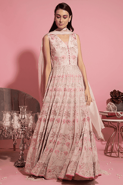 <b>SANYA GULATI</b><br>Nude Pink Resham Embroidered Anarkali