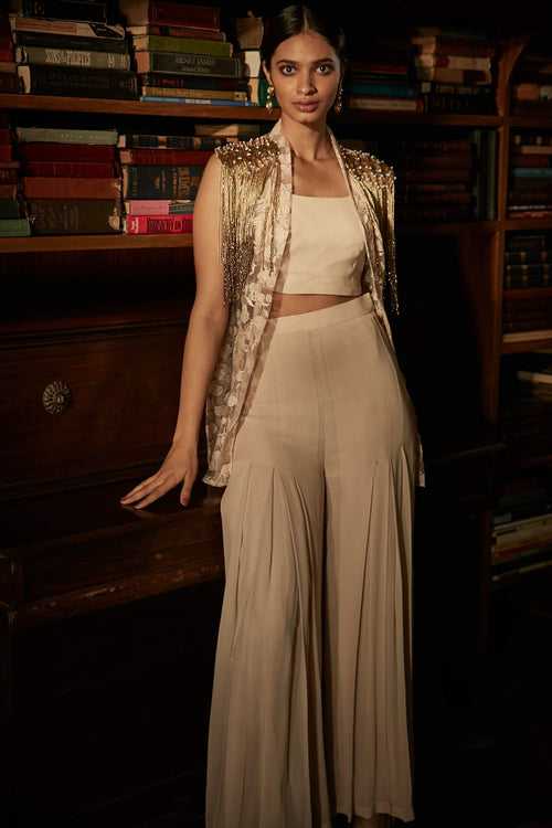 <b>SANYA GULATI</b><br>Ivory Tassled Jacket With Bustier and Palazzo