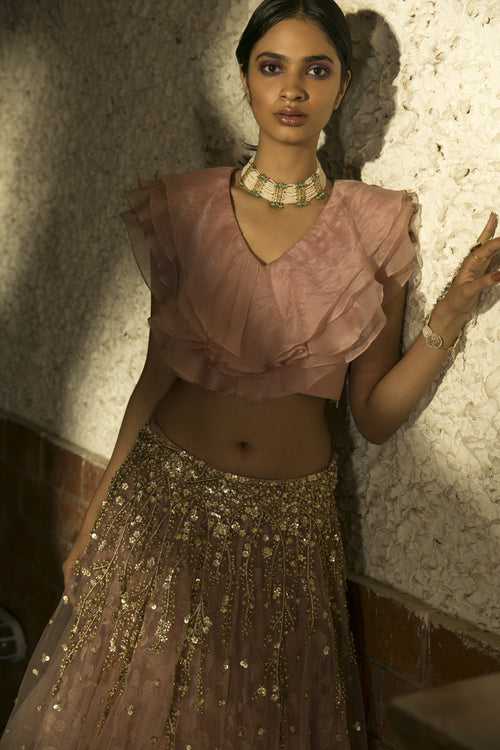 <b>SANYA GULATI</b><br>Blush Pink Ruffle Top and Lehenga