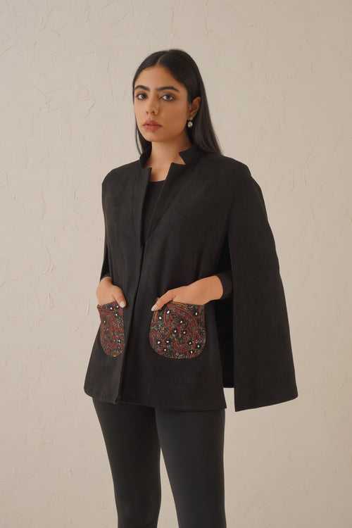 Black Suede Cape With Embroidered Pockets