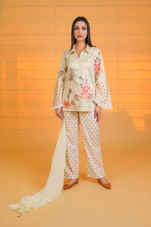 Cream Lotus Cotton Co-ord Set With Organza Scarf