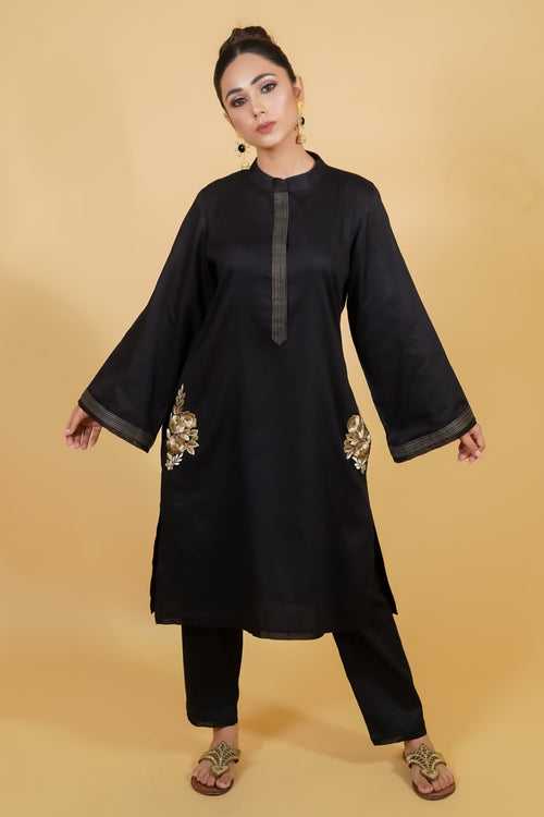 Black Cotton Kurta Set With Golden Embroidery