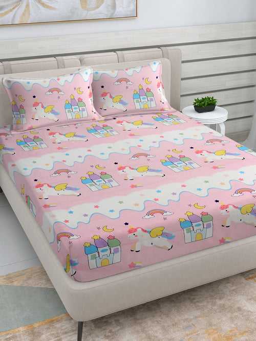 Klotthe Pink Cartoon Characters 300 TC Cotton Blend Double Bedsheet with 2 Pillow Covers