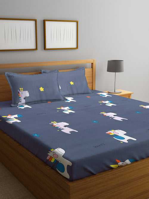 Klotthe MultiColor 300 TC Cartoon Characters Cotton Blend Double Bed Sheet with 2 Pillow Covers