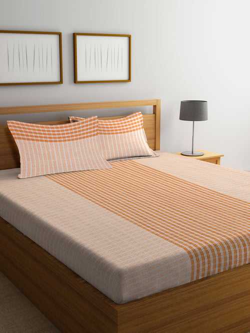 Klotthe Multi Striped Pure Cotton Woven Design Double Bed Sheet with 2 Pillow Covers