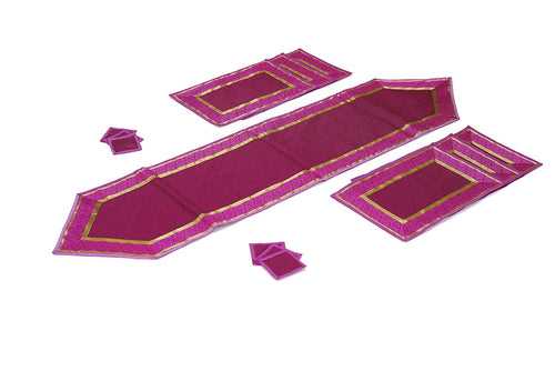 Black Banarasi Handloom Silk Table Runner with 6-Table Mats, 6-Table Coasters